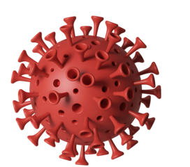 Red spherical virus particle with spikes, microscopic view, 3d render