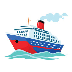 A vibrant cartoon illustration of a large cruise ship with a red and blue hull sailing on stylized turquoise waves and emitting smoke from its funnel. © Vira
