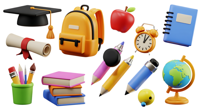 Icons set for back to school, learning and onlline education banners. School bag, notebook, writing accessories, globe, books stack, clock and graduation cap. 3d high quality isolated render