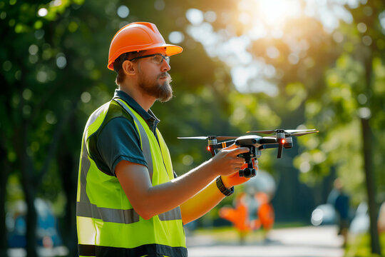 Professional male drone operator launching quadcopter for aerial inspection in sunny urban park.