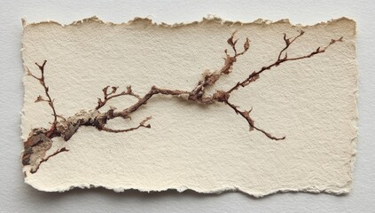 Delicate Winter Branch with Blossoms on Aged Paper.