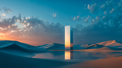 Conceptual art of mirrored monolith in dreamlike desert at sunset