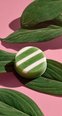 Round, Green Soap with White Stripes on Pink Background with Leaves.