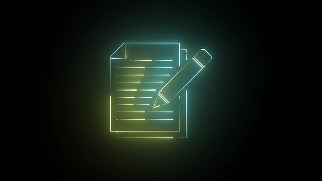 Glowing yellow and cyan neon checklist icon with pencil and checkmark on transparent black background futuristic