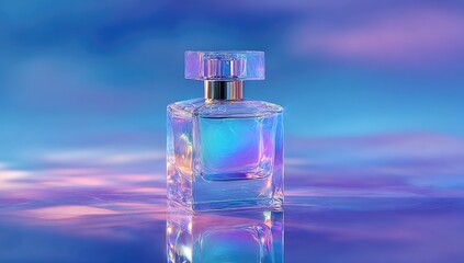 Beautiful iridescent perfume bottle on a reflective surface.