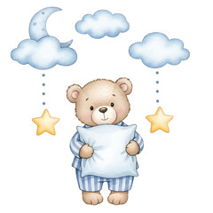 Cute Teddy Bear in Pajamas with Pillow, Moon and Stars Illustration