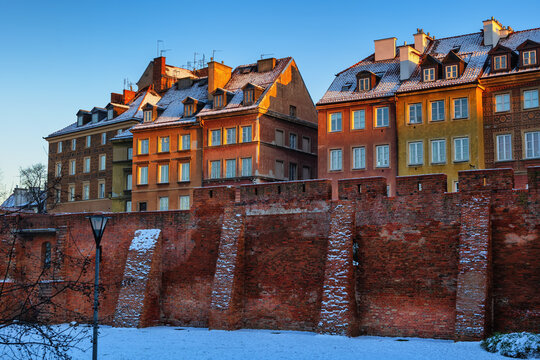 Warsaw Old Town Houses And Wall In Winter