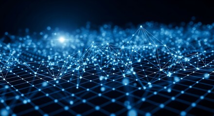 Abstract Blue Network Grid with Glowing Nodes and Bokeh Lights