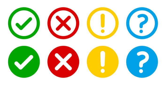 Right, wrong, tick, cross, checkmark, exclamation, question mark icons set in colorful outline and solid vector illustration.