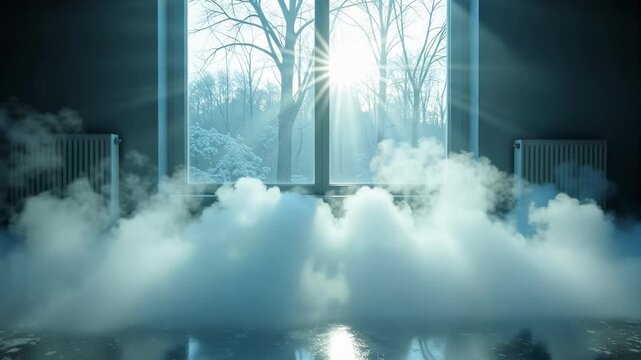Ethereal winter scene with fog flowing into a room, sunlight streaming through the window bringing a calming, dreamy atmosphere, perfect for fantasy projects