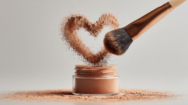 A close-up shot of makeup brush with heart shape dust and makeup powder jar