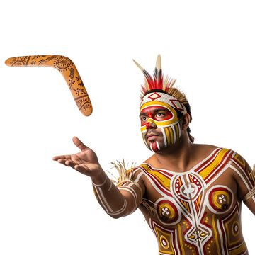 Aboriginal man with traditional body paint throwing a boomerang isolated on transparent background