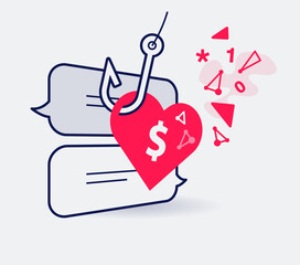 Romance scam symbol with communication speech bubbles, a heart and fishing hook. Easy to use for your website or presentation.