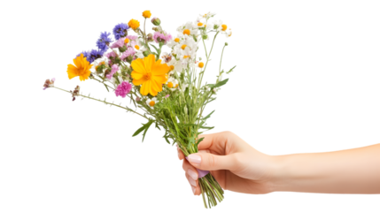 Close up of a hand holding a beautiful bouquet of colorful wildflowers isolated on transparent background