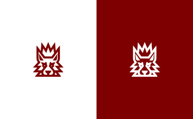 Geometric wolf head logo design on red and white backgrounds
