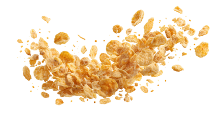 Explosion of golden cornflakes frozen in mid air against a dark background