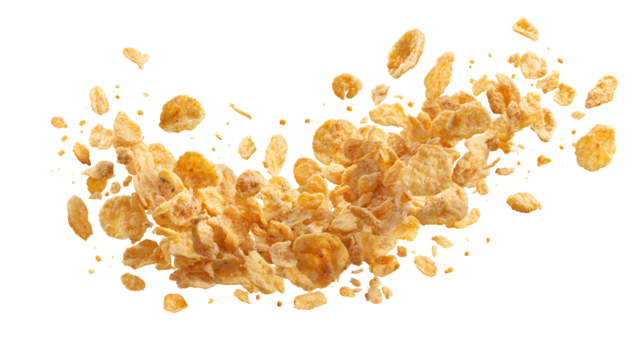 Explosion of golden cornflakes frozen in mid air against a dark background