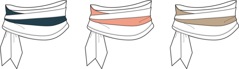 Collection of three minimalist illustrated fashion sash designs, showcasing various colored waistbands and decorative fabric details perfect for garment accessorizing and styling projects