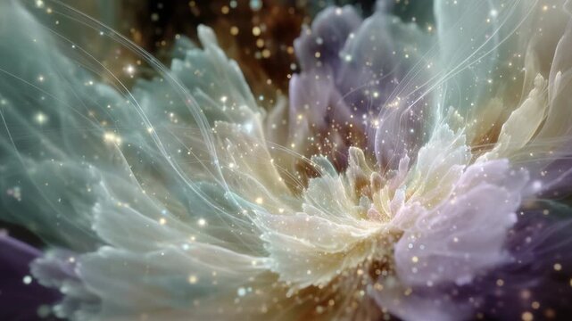 Mystical floral structure made of ethereal. Translucent petals gently blooming and contracting while surrounded by glowing golden particles and delicate. Flowing light streaks in an elegant animation