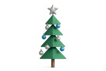 Christmas tree 3d rendering with star topper and festive ornaments, celebrating winter holiday season