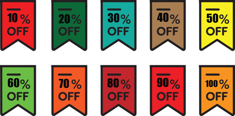 Set of colorful percentage sale banners with discount tags in various shades for promotional marketing e-commerce business retail price reduction and clearance design use