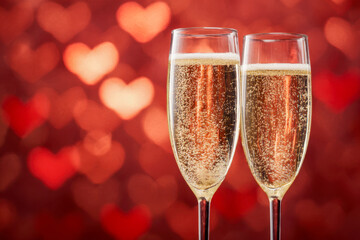 Two elegant flutes of sparkling champagne with bubbles rising against a romantic red background filled with glowing heart shapes for celebration and love
