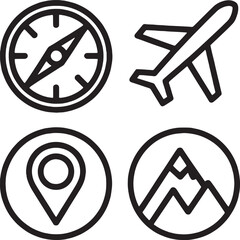 Simple travel and navigation icon collection with compass airplane map pin and adventure