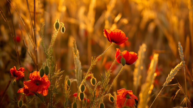 Vibrant red poppies and wheat in rural field dramatically illuminated by warm golden hour sunlight. - Powered by Adobe