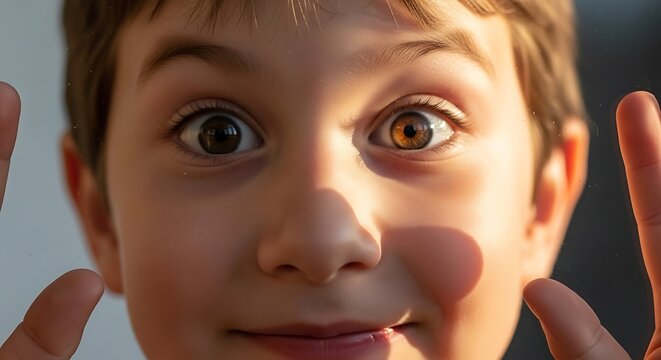 Captivating close-up portrait of a young boy with striking heterochromia, showcasing his unique brown and amber eyes and an innocent, wide-eyed expression, framed by his hands