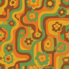 Seamless retro floral pattern with groovy abstract lines and stylized flowers in warm earthy tones, evoking a vibrant 1970s aesthetic for backgrounds and design projects