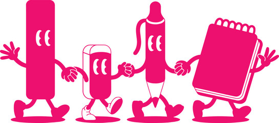 Cute stationery cartoon illustration with pen pencil and notebook walking together creative school supplies vector design for kids