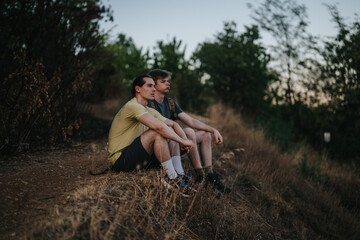 Two young men rest on a dry hillside after a hike, taking a moment to chat and relax as daylight fades. A calm outdoor scene that emphasizes friendship and nature.
