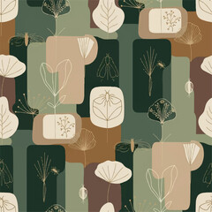 Abstract botanical pattern with organic shapes and delicate floral illustrations in earthy tones