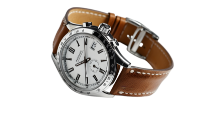 Stylish wristwatch with a white dial and brown leather strap isolated on transparent background timepiece for men