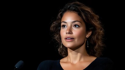 Young woman with curly hair in black outfit against dark background, looking thoughtfully away during interview or press conference.