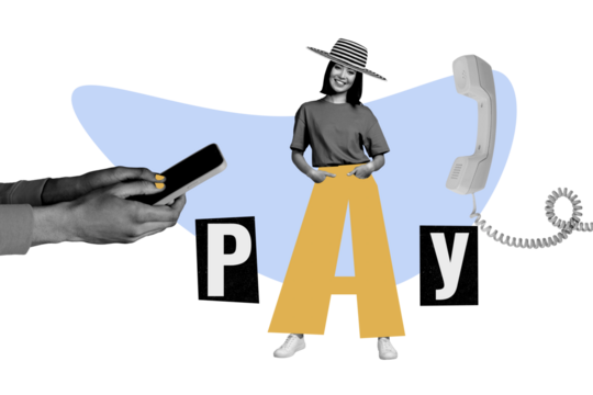 Creative collage young cheerful woman pay estore smartphone digital device bargain shopaholic order telephone call landline pay