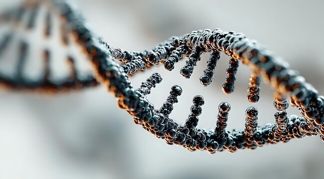 DNA double helix structure in black and orange colors on blurred background, showing genetic code and molecular biology concept. - Powered by Adobe