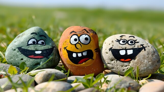 Funny painted rocks with expressive cartoon faces showing happy emotions on natural grass background, creative outdoor decoration and garden art.
