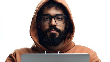 Middle Eastern man with beard and glasses wearing brown hoodie working on laptop computer against white background, modern remote work lifestyle.