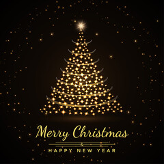Glowing gold Christmas tree with sparkle stars. Luxury Cristmas greeting card with wishes Merry Christmas and Happy New Year.