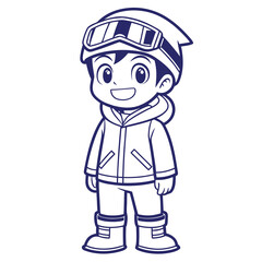 Obraz premium A cheerful cartoon boy with goggles bundled up in winter clothes with a happy smile
