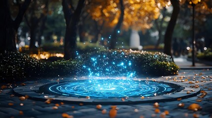 Magical glowing blue portal in autumn park with fallen leaves. Mystical energy circle with light particles floating above water puddle in dark forest.