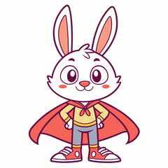 Charming cartoon rabbit superhero character in a flowing red cape. A cute illustration of an animal hero, embodying courage and playfulness for children's design projects