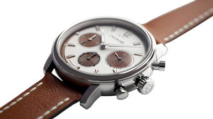 Elegant wristwatch with a white dial and brown leather strap isolated on transparent background timepiece for men