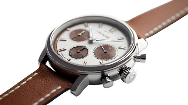 Elegant wristwatch with a white dial and brown leather strap isolated on transparent background timepiece for men