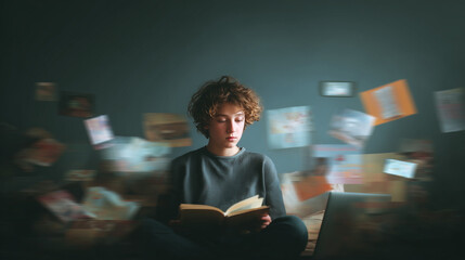 a young person deeply focused on reading a book while surrounded by distractions smartphone notifications, laptop, social media screens floating around, yet the reader stays calm and concentrated. 