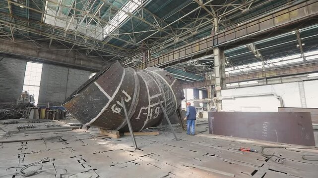 Welding a large pipe in a metalworking shop. Huge workshop for assembling steel structures. Fabrication of steel structures. Industrial interior. A large steel structure factory from the inside.
