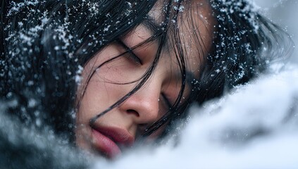 Woman Sleeping in Snow, Cold Winter Scene, Peaceful Moment, Frozen Beauty, Winters Embrace.