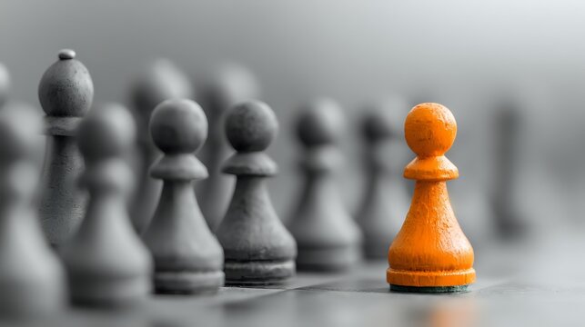 Orange chess pawn standing out among gray pieces on blurred background, representing leadership, uniqueness, and strategic differentiation in business.