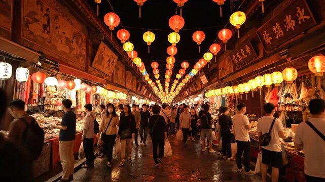 歴史的壁画が彩る賑やかなアジアの夜市：色彩豊かな屋台とモカブラウンのアクセントが光る提灯